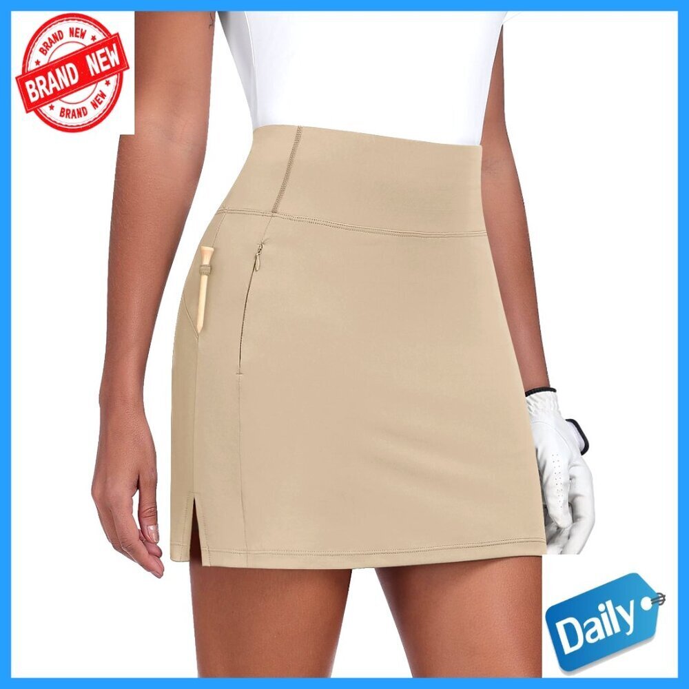 High Waisted Athletic Skort with Zipper Pockets, 16" Length, Polyester Spandex